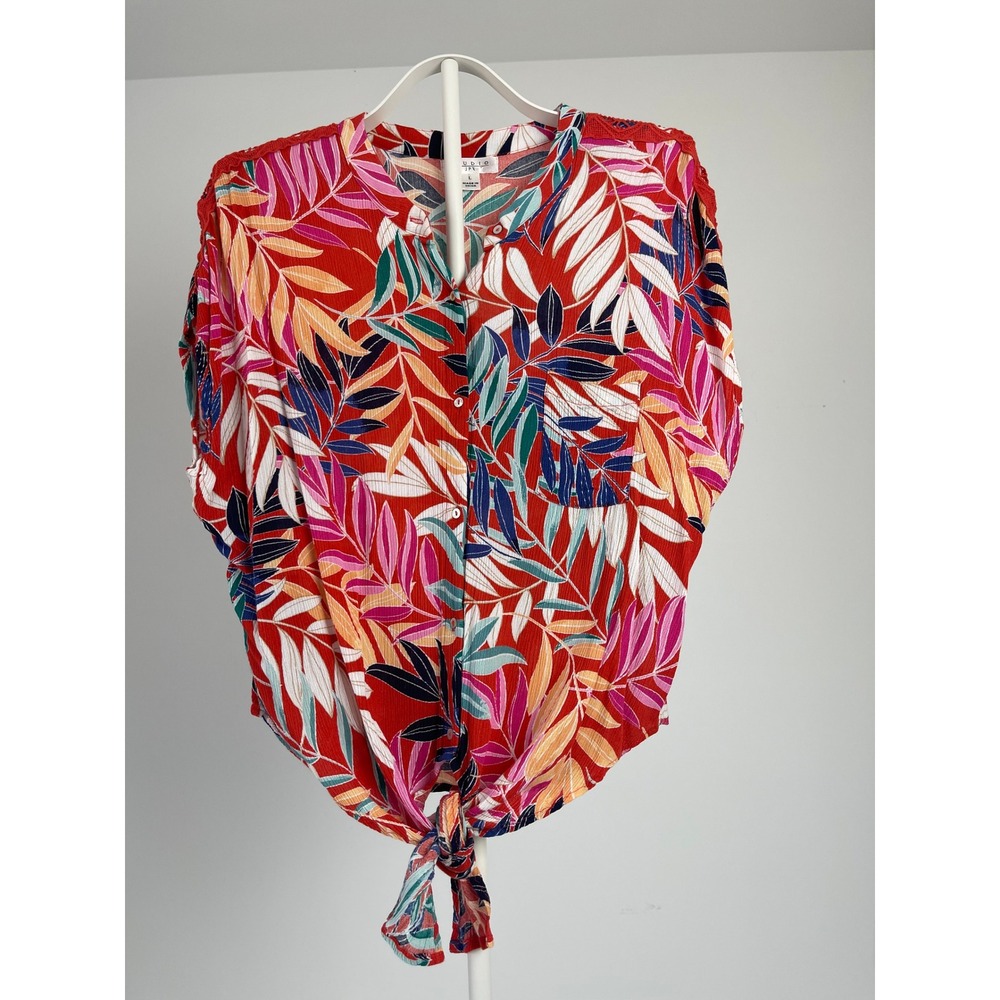 Studio JPR Red Tropical Leaf Tie Front Blouse Crochet Lace Short Sleeve Large
